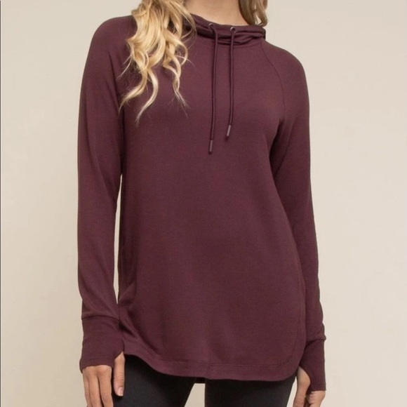 Apana Mock Neck Athletic Hoodie Top with Drawstring Maroon Women's Size XS - Picture 6 of 9
